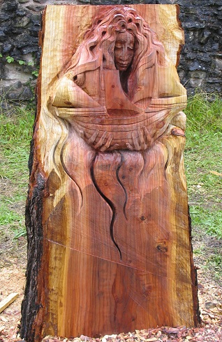 Nymph of river Usk, socha, sekvoj, sculpture, redwood